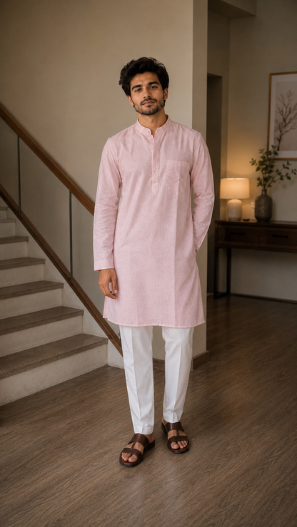 Men’s Linen Long Kurta for Men – Solid Light Pink Ethnic Kurta with Mandarin Collar & Full Sleeves