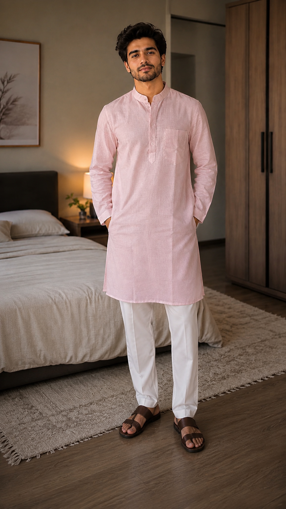 Men’s Linen Long Kurta for Men – Solid Light Pink Ethnic Kurta with Mandarin Collar & Full Sleeves