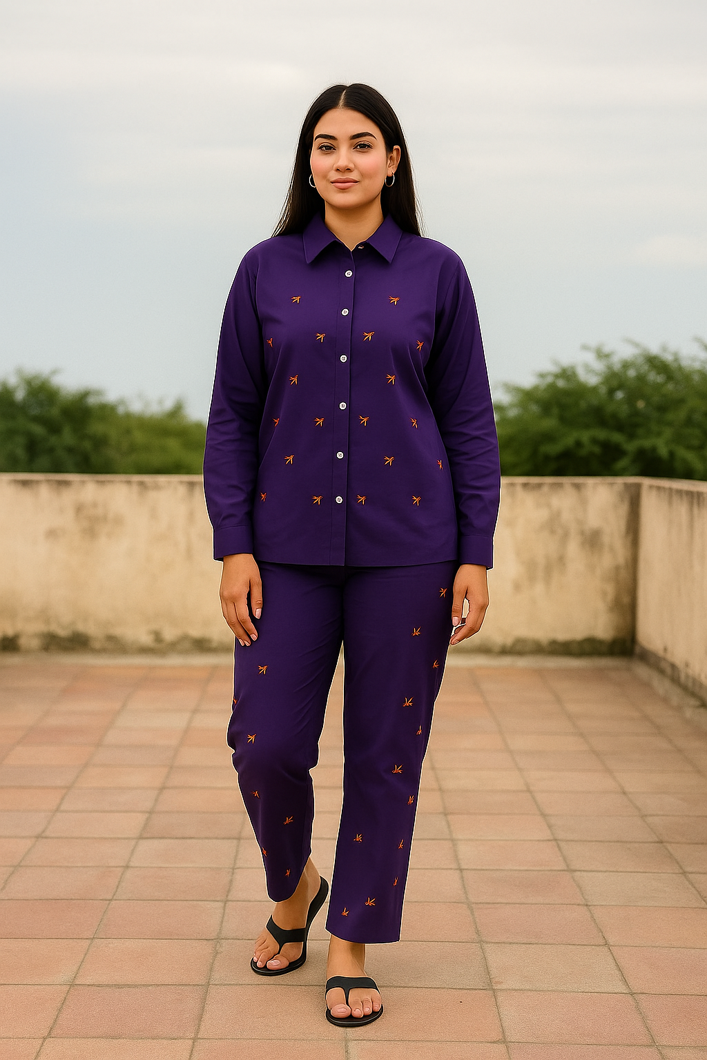 Purple Cotton Embroidered Co-ord Set for Women – Stylish Two-Piece Casual Wear