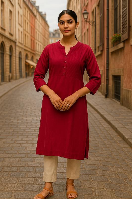 Maroon Cotton Straight Kurti for Women – Elegant Solid Everyday Wear with Pintuck Yoke Design