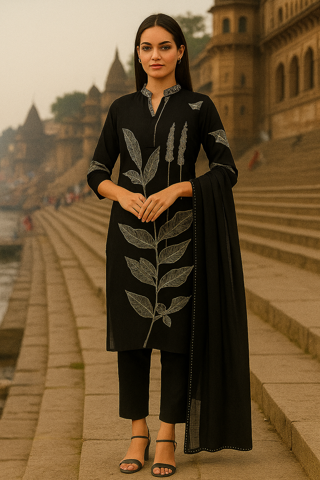 Black Maslin Embroidered Kurti Set with Dupatta – Elegant 3-Piece Ethnic Wear for Women