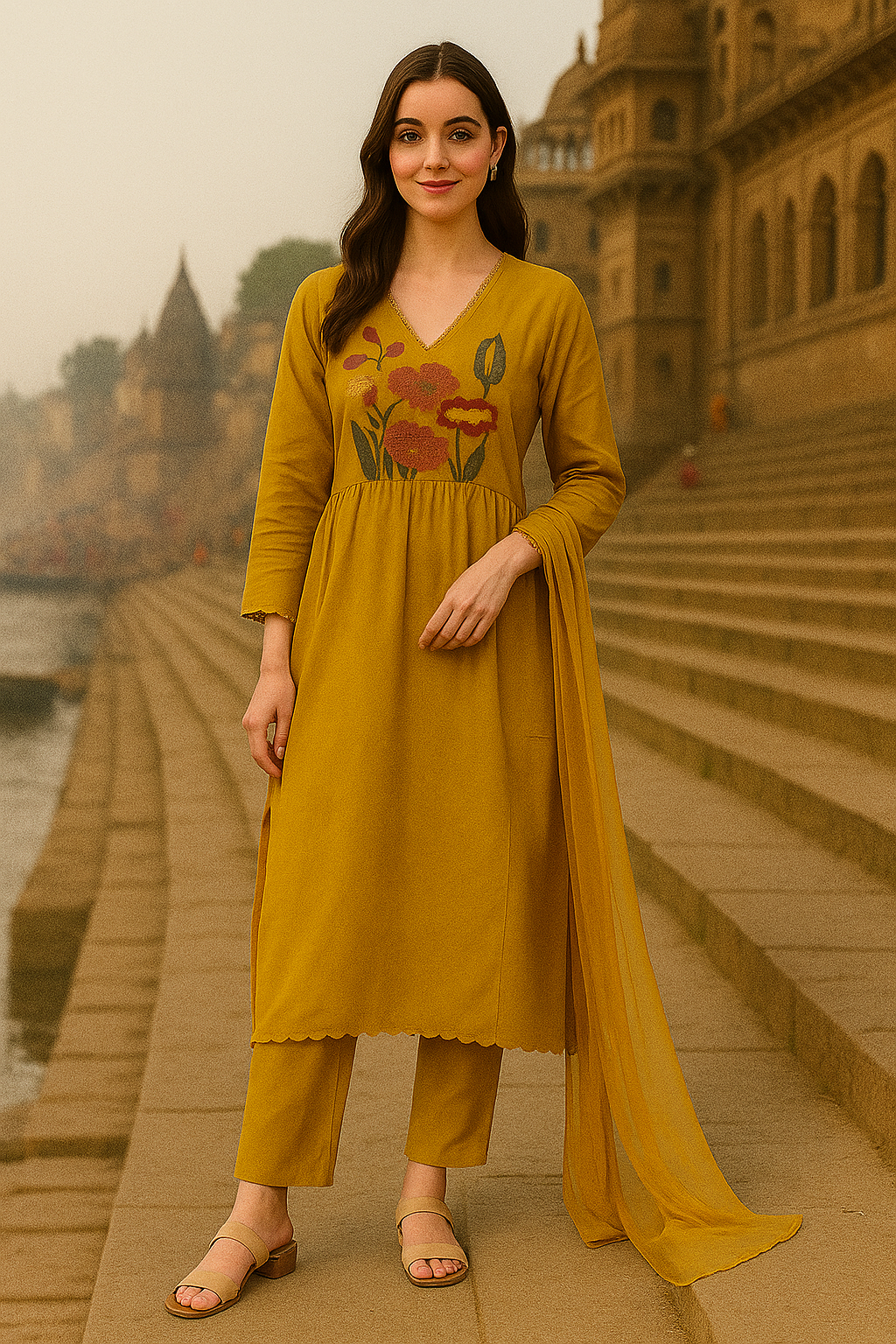 Mustard Maslin Embroidered Kurti Set with Dupatta – Elegant Floral Design for Women