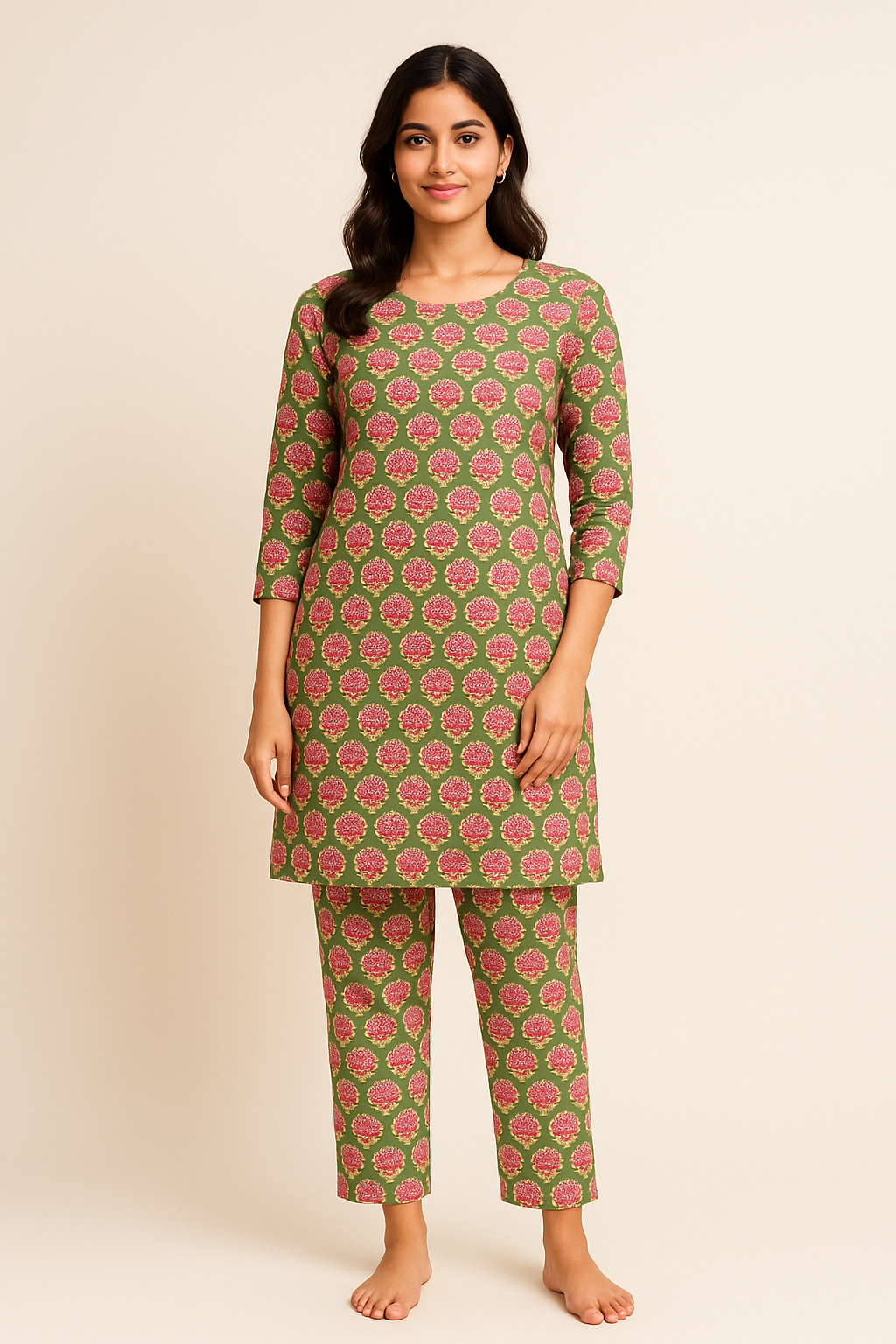 Green and Pink Handblock Printed Cotton Everyday Set for Women – Comfortable Kurta & Pant | Natural Fab