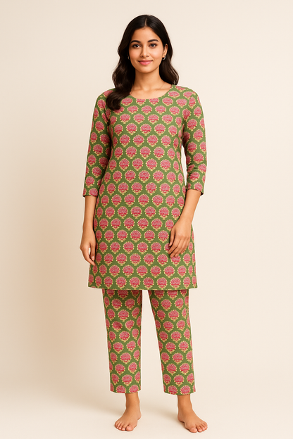 Green and Pink Handblock Printed Cotton Everyday Set for Women – Comfortable Kurta & Pant | Natural Fab