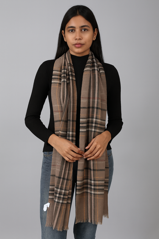 Classic Beige Woollen Check Stole for Women & Men | Soft Winter Wrap by Natural Fab