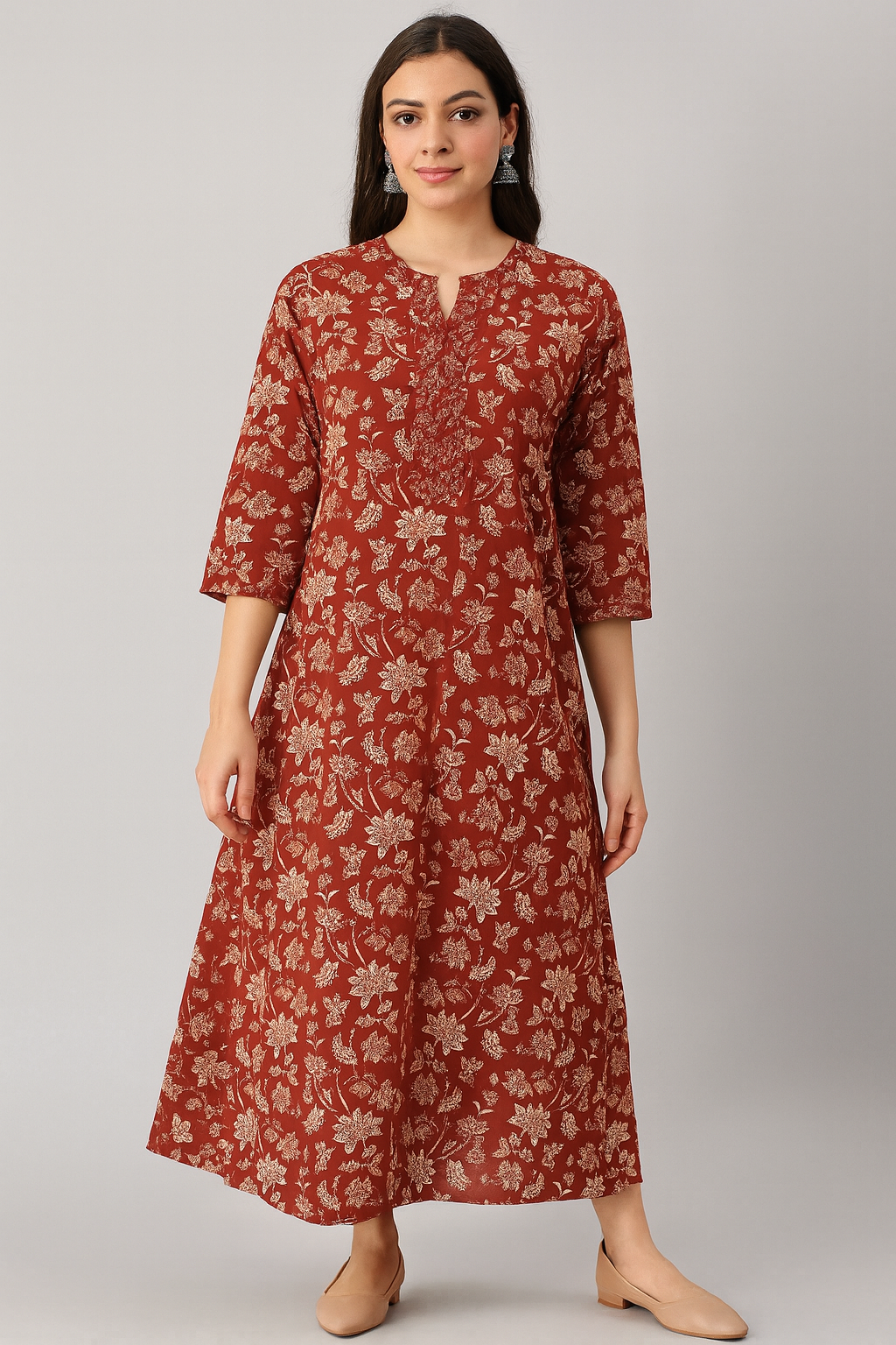 Rust Red Floral Printed Cotton Long Kurti for Women – Elegant Ethnic Wear | Natural Fab