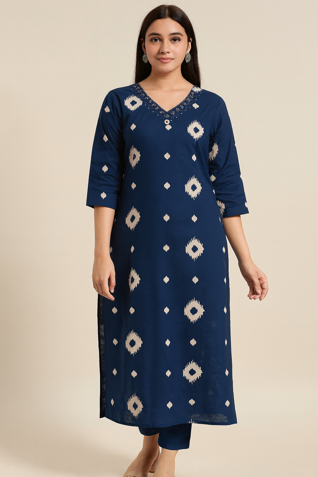 Navy Blue Ikat Printed Cotton Kurti for Women – Elegant Ethnic Long Kurti | Natural Fab