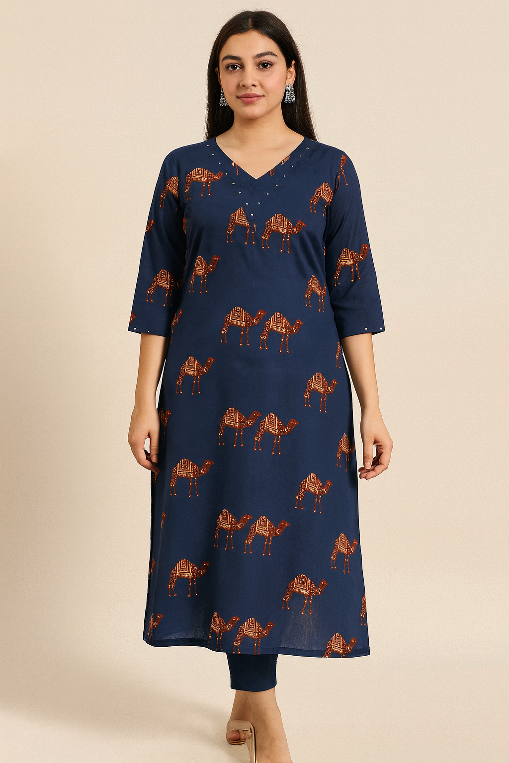 Navy Blue Camel Print Cotton Kurti for Women – Hand Block Printed Long Kurta | Natural Fab