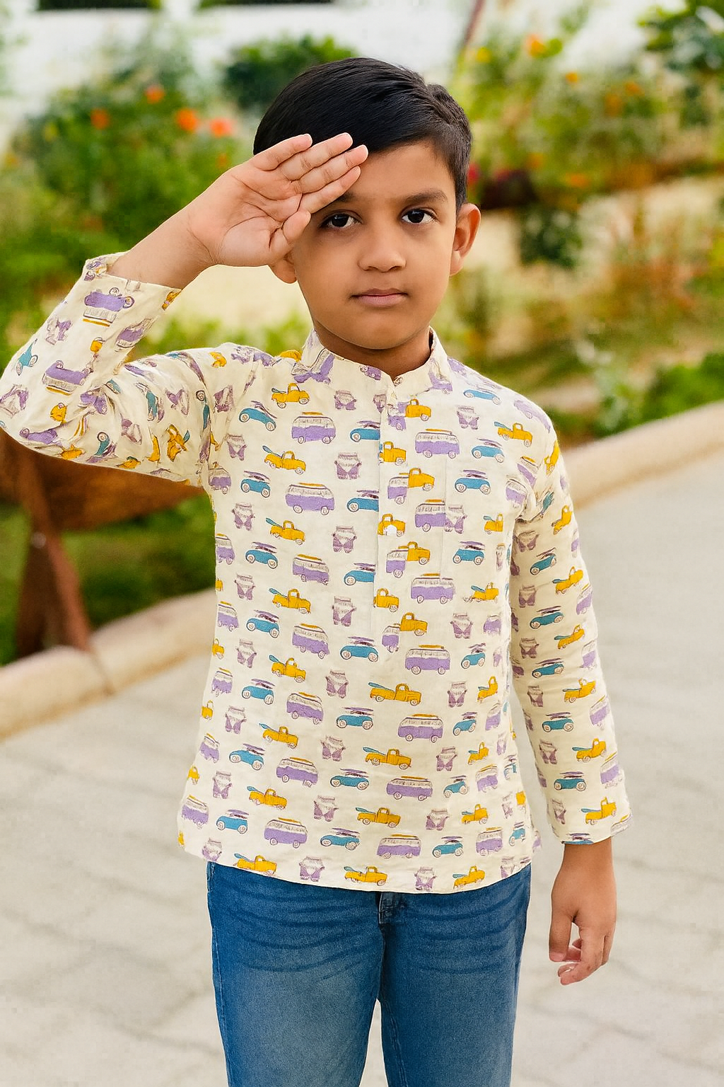 Kids Cotton Printed Kurta with Colorful Car Design – Comfortable Ethnic Wear for Boys