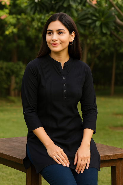 Women’s Black Cotton Short Kurti with Mandarin Collar & 3/4 Sleeves – Elegant Everyday Wear