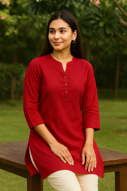 Women’s Red Cotton Short Kurti with Mandarin Collar & 3/4 Sleeves – Elegant Daily Wear