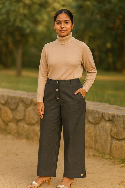 Women’s Grey Khadi Palazzo Pants – High Waist Wide-Leg Trousers | Handwoven Cotton