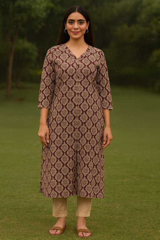 Maroon & Beige Printed Cotton Kurti for Everyday Wear – Natural Fab