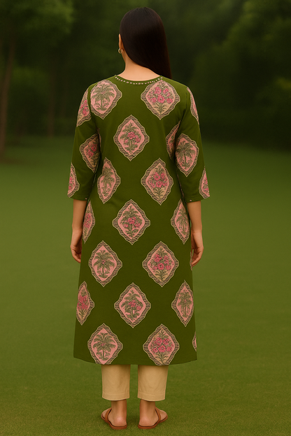 Olive Green Cotton Kurti with Pink Floral Motifs for Everyday Wear – Natural Fab