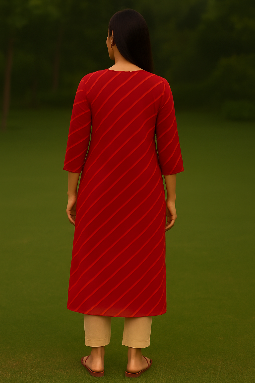 Red Cotton Kurti with Diagonal Stripes for Everyday Wear – Natural Fab