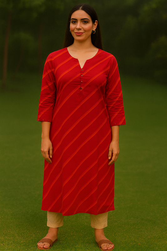 Red Cotton Kurti with Diagonal Stripes for Everyday Wear – Natural Fab