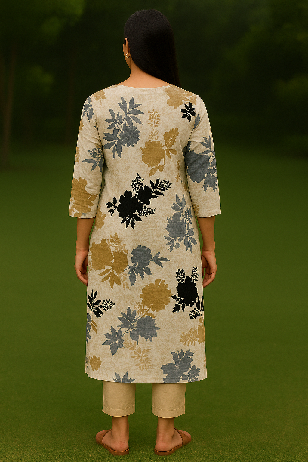 Beige Cotton Kurti with Black & Grey Floral Print for Everyday Wear – Natural Fab