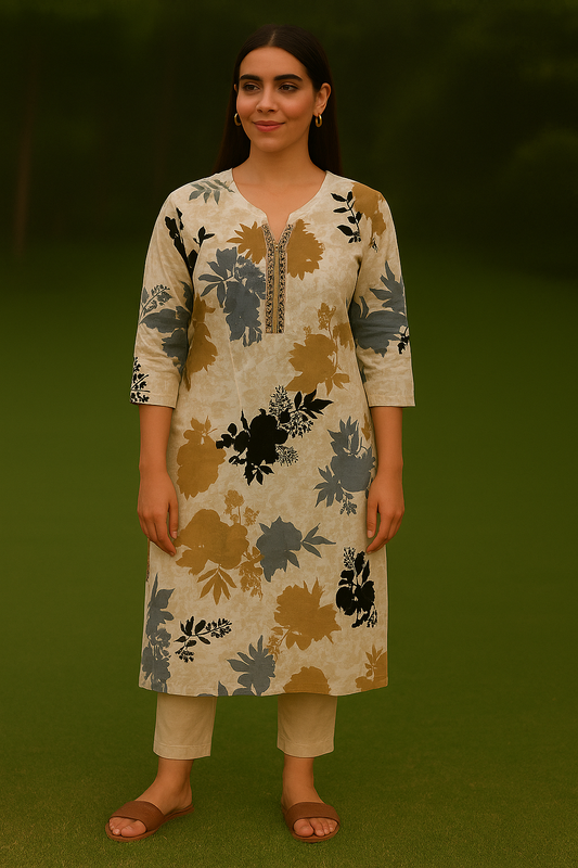 Beige Cotton Kurti with Black & Grey Floral Print for Everyday Wear – Natural Fab