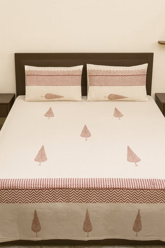 Cotton Double Bedsheet with 2 Pillow Covers – Hand Block Print Tree Design | King Size