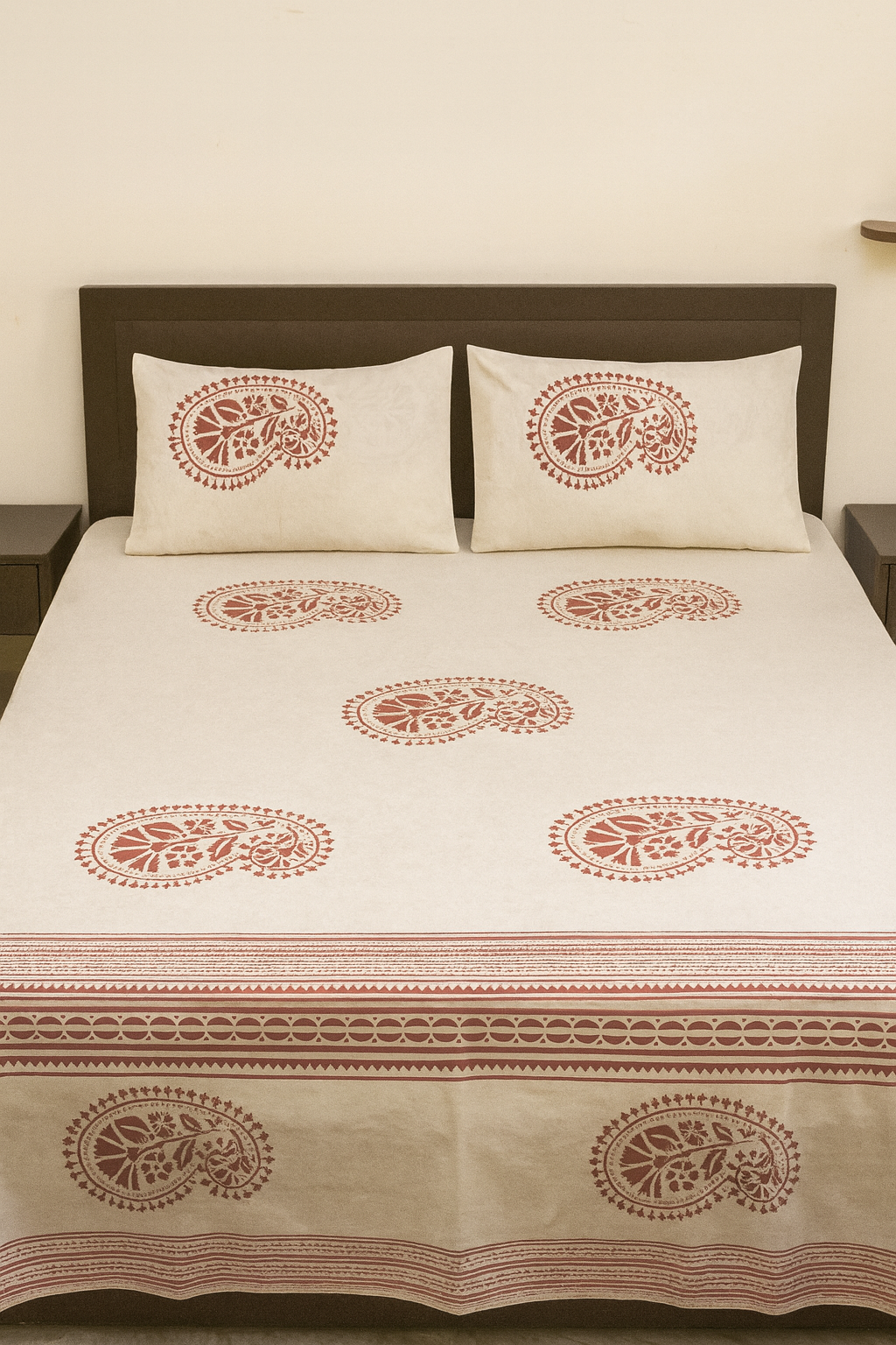 Cotton Double Bedsheet with 2 Pillow Covers – Hand Block Print Paisley Design | King Size