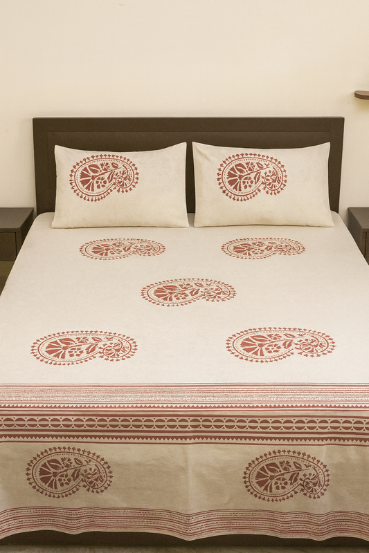 Cotton Double Bedsheet with 2 Pillow Covers – Hand Block Print Paisley Design | King Size