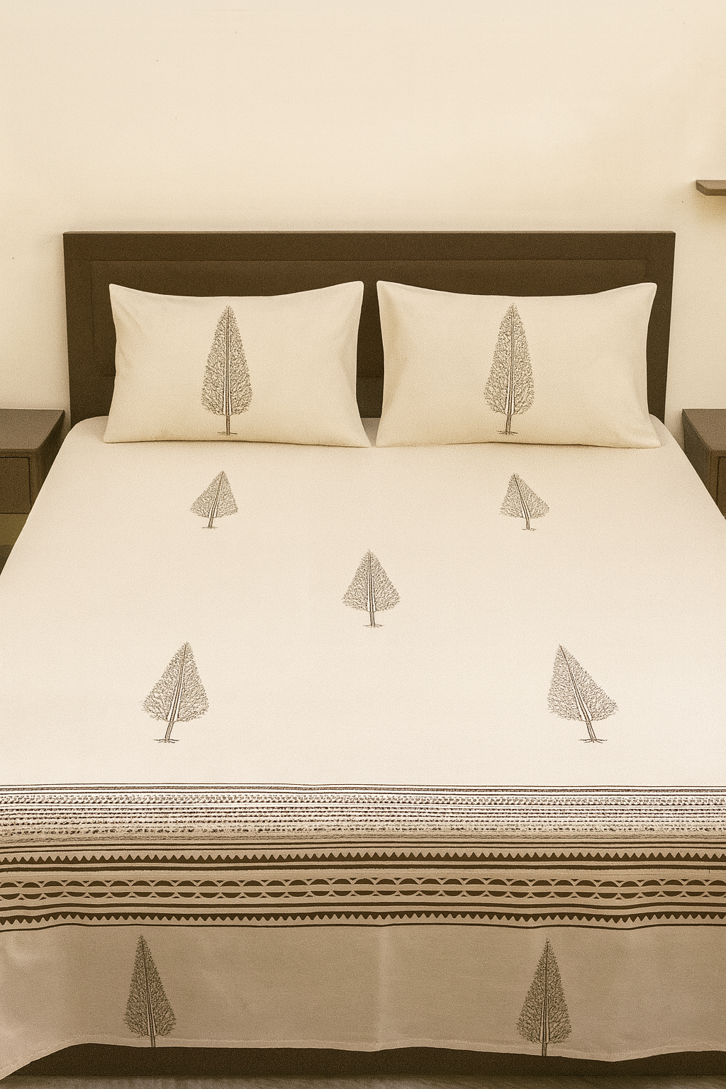 Cotton Double Bedsheet with 2 Pillow Covers – Hand Block Print Tree Design | King Size
