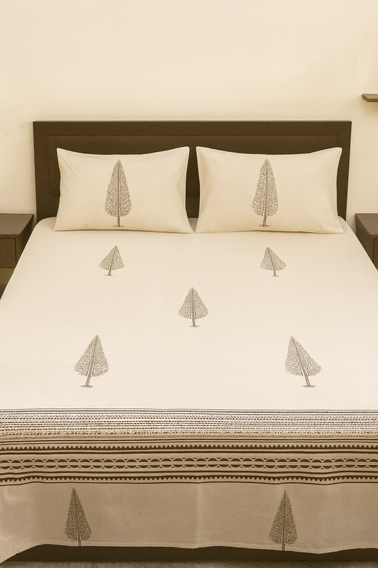 Cotton Double Bedsheet with 2 Pillow Covers – Hand Block Print Tree Design | King Size