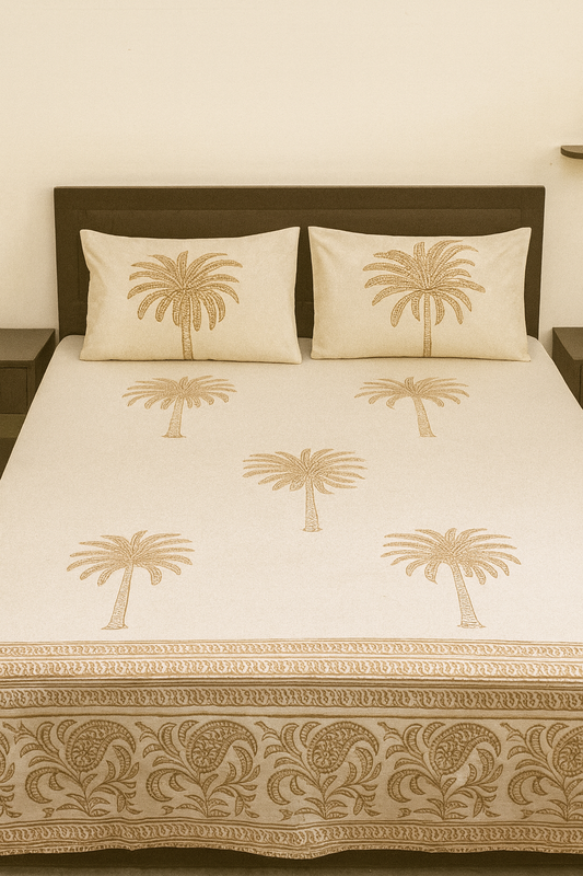 Cotton Double Bedsheet with 2 Pillow Covers – Hand Block Print Palm Tree Design | King Size