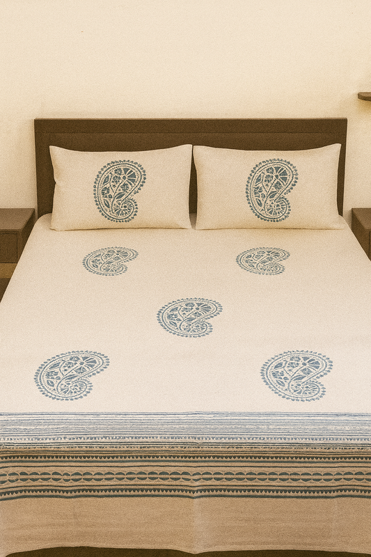 Cotton Double Bedsheet with 2 Pillow Covers – Hand Block Print Blue Paisley Design | King Size