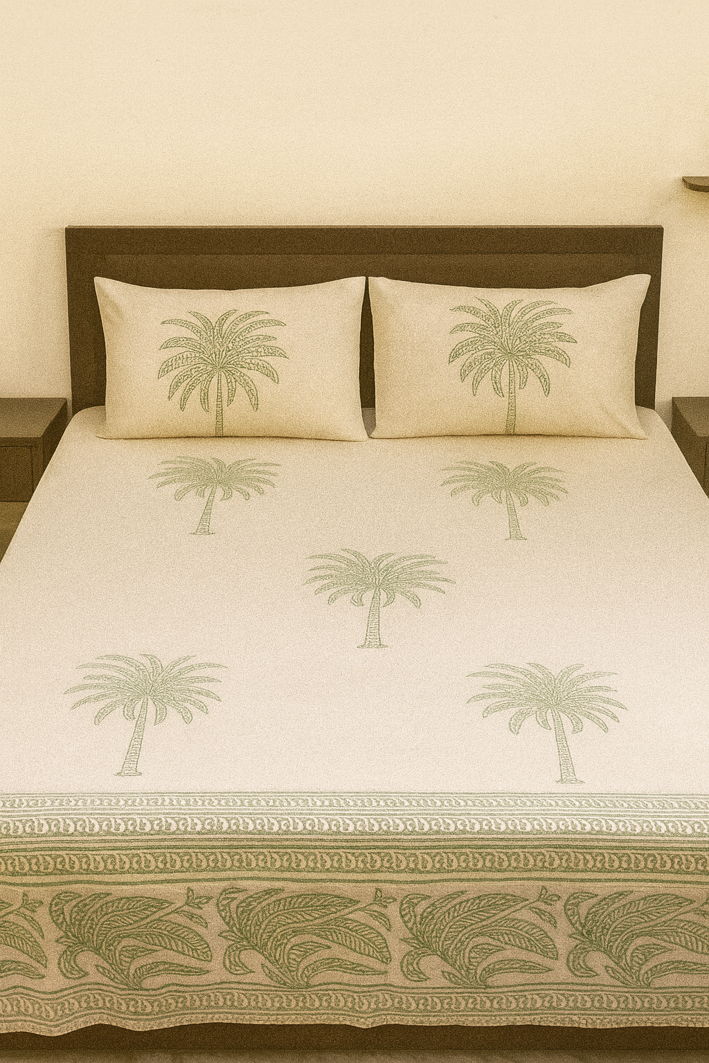 Cotton Double Bedsheet with 2 Pillow Covers – Hand Block Print Green Palm Tree Design | King Size
