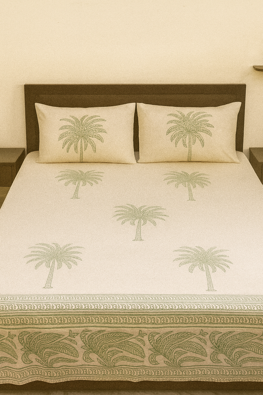Cotton Double Bedsheet with 2 Pillow Covers – Hand Block Print Green Palm Tree Design | King Size