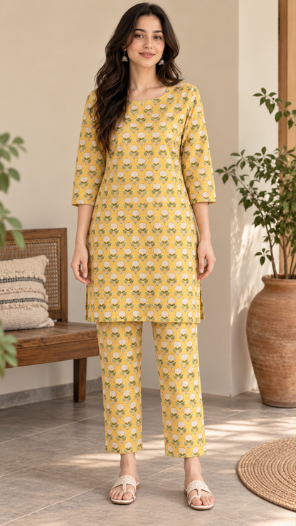 Natural Fab Women’s Mustard Yellow Hand Block Printed Cotton Knee-Length Kurta Pant Set