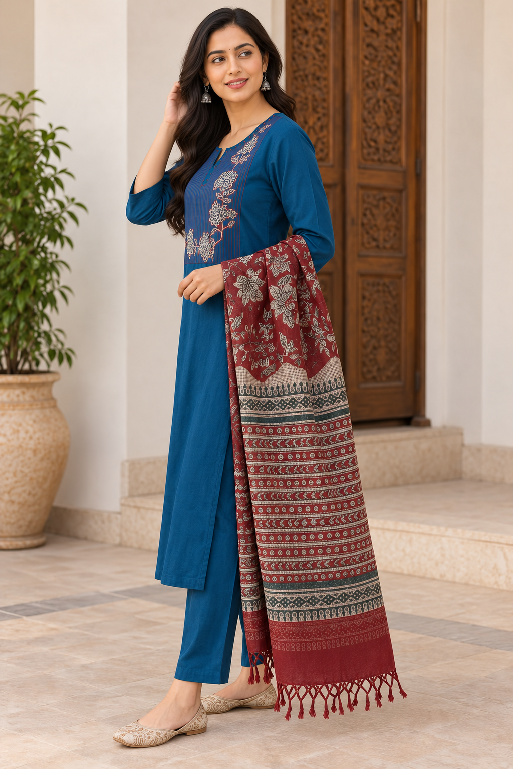 Natural Fab Women’s Teal Blue Cotton Kurta Pant Set with Printed Kota Doria Dupatta