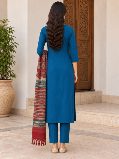 Natural Fab Women’s Teal Blue Cotton Kurta Pant Set with Printed Kota Doria Dupatta