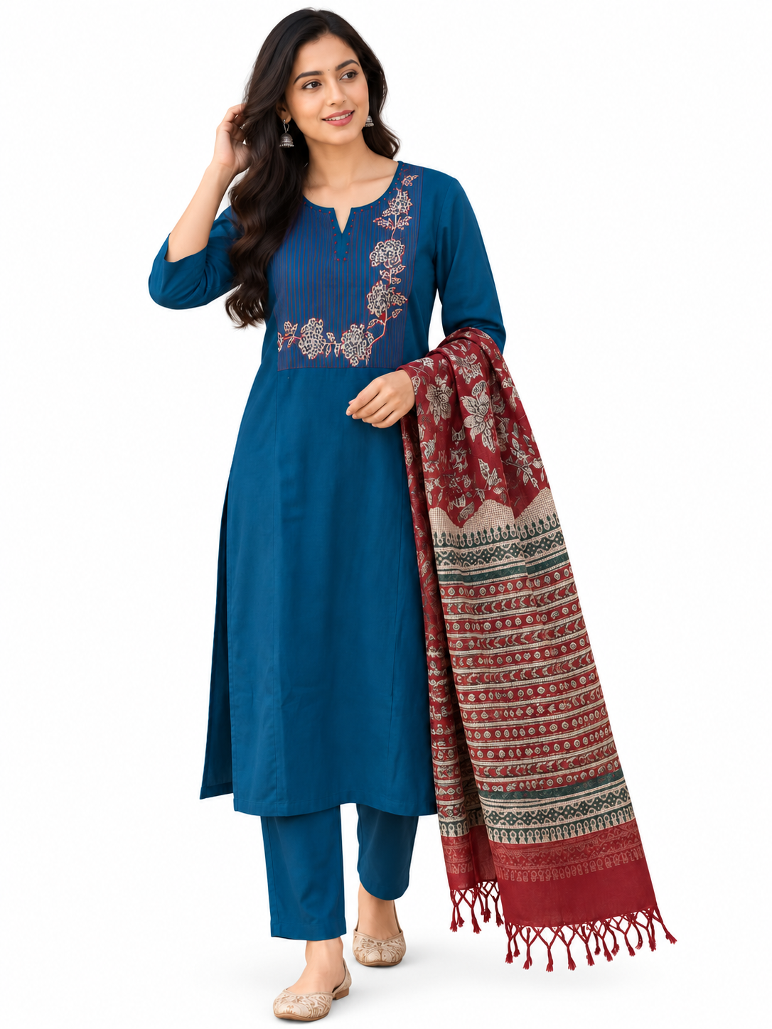 Natural Fab Women’s Teal Blue Cotton Kurta Pant Set with Printed Kota Doria Dupatta