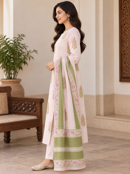 Natural Fab Women’s Blush Pink Printed Kurta Pant & Dupatta Set | 3-Piece Ethnic Suit Set