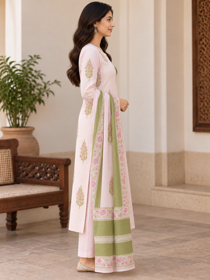 Natural Fab Women’s Blush Pink Printed Kurta Pant & Dupatta Set | 3-Piece Ethnic Suit Set