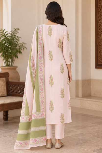 Natural Fab Women’s Blush Pink Printed Kurta Pant & Dupatta Set | 3-Piece Ethnic Suit Set