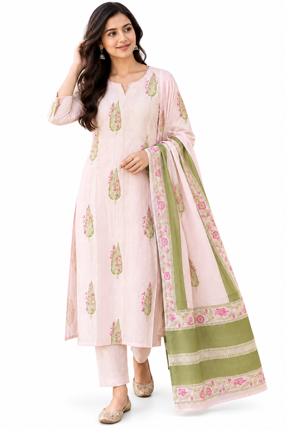 Natural Fab Women’s Blush Pink Printed Kurta Pant & Dupatta Set | 3-Piece Ethnic Suit Set