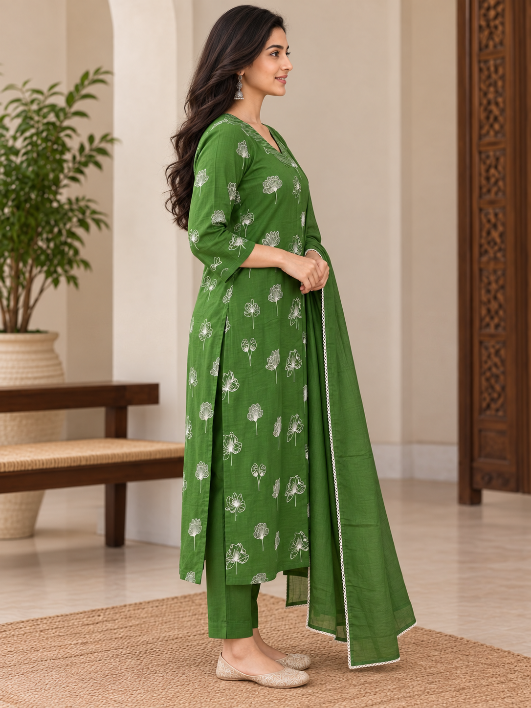 Natural Fab Women’s Green Mal Cotton Printed Kurta Pant & Dupatta Set | 3-Piece Ethnic Suit