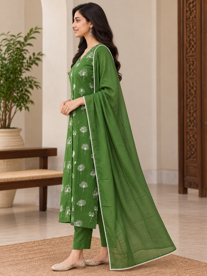 Natural Fab Women’s Green Mal Cotton Printed Kurta Pant & Dupatta Set | 3-Piece Ethnic Suit