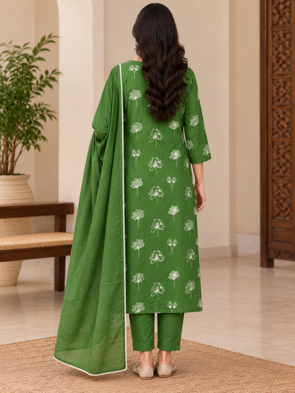 Natural Fab Women’s Green Mal Cotton Printed Kurta Pant & Dupatta Set | 3-Piece Ethnic Suit
