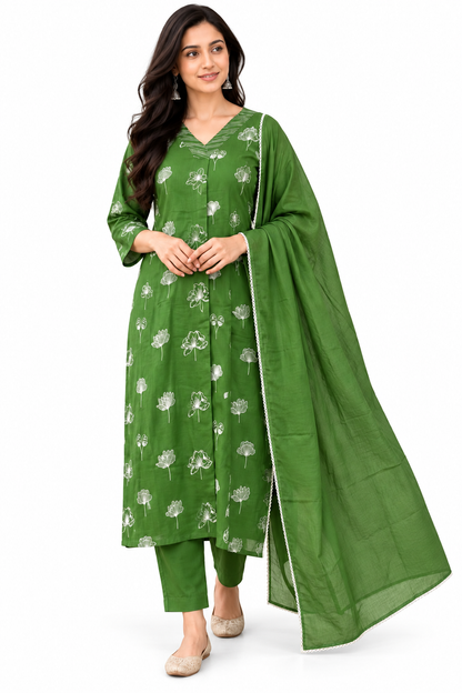 Natural Fab Women’s Green Mal Cotton Printed Kurta Pant & Dupatta Set | 3-Piece Ethnic Suit