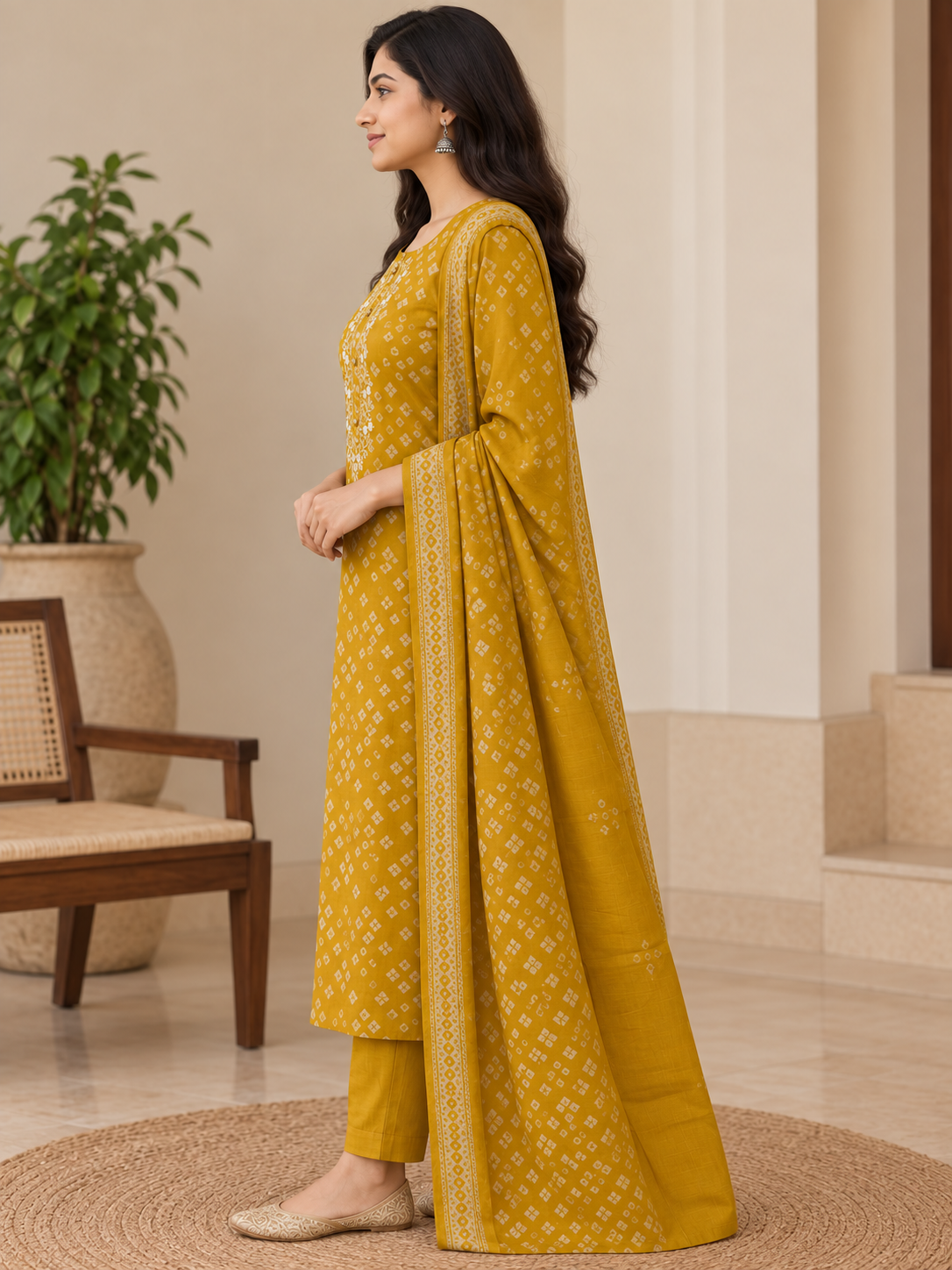 Natural Fab Women’s Mustard Yellow Maslin Printed Kurta Pant & Dupatta Set | 3-Piece Ethnic Suit