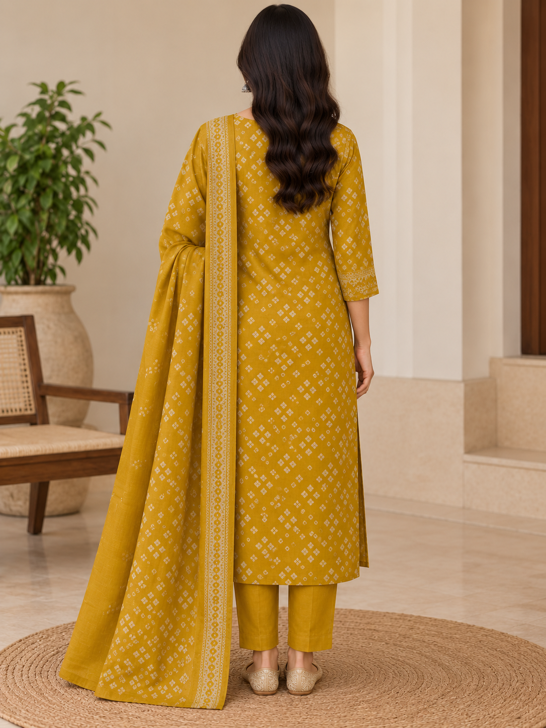 Natural Fab Women’s Mustard Yellow Maslin Printed Kurta Pant & Dupatta Set | 3-Piece Ethnic Suit