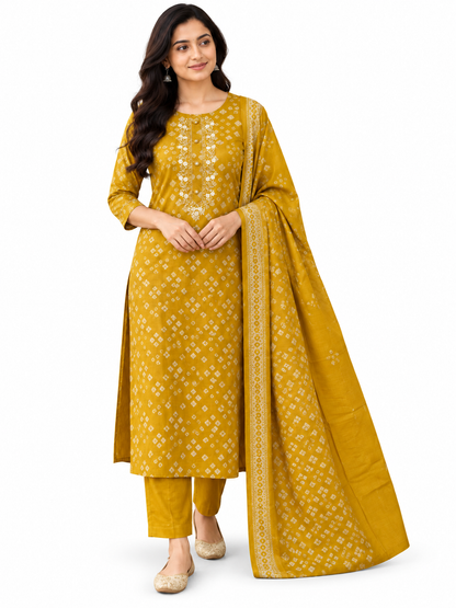 Natural Fab Women’s Mustard Yellow Maslin Printed Kurta Pant & Dupatta Set | 3-Piece Ethnic Suit