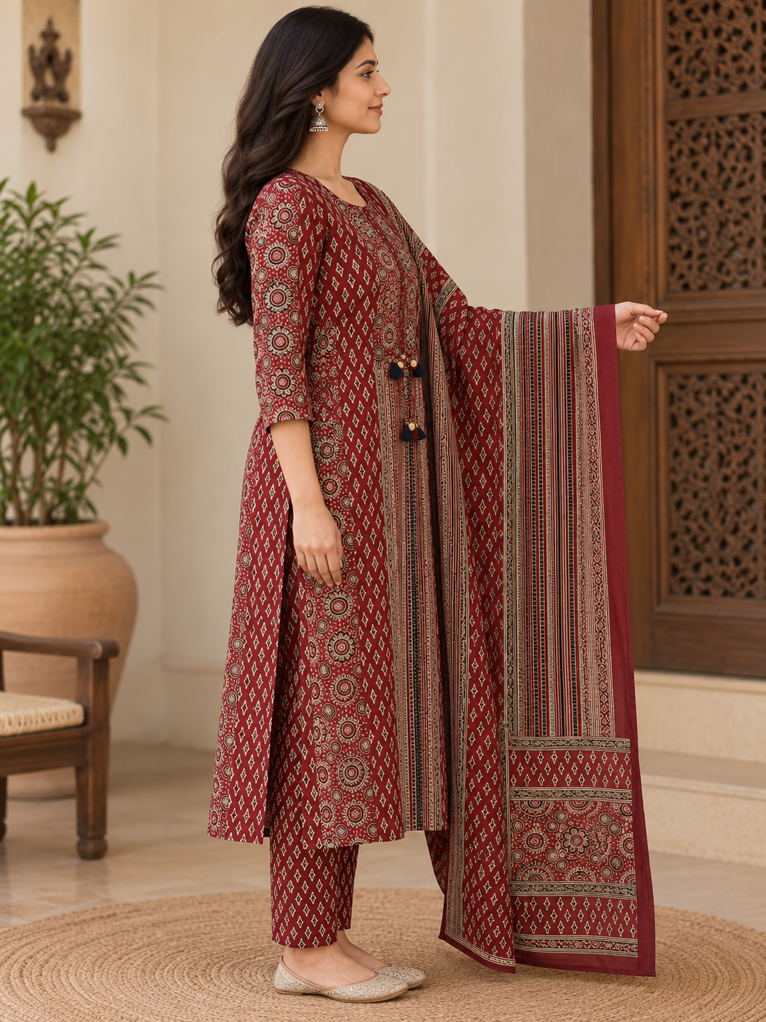 Natural Fab Women’s Maroon Printed Kurta Pant & Dupatta Set | 3-Piece Ethnic Suit