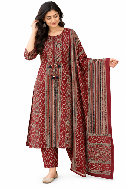 Natural Fab Women’s Maroon Printed Kurta Pant & Dupatta Set | 3-Piece Ethnic Suit