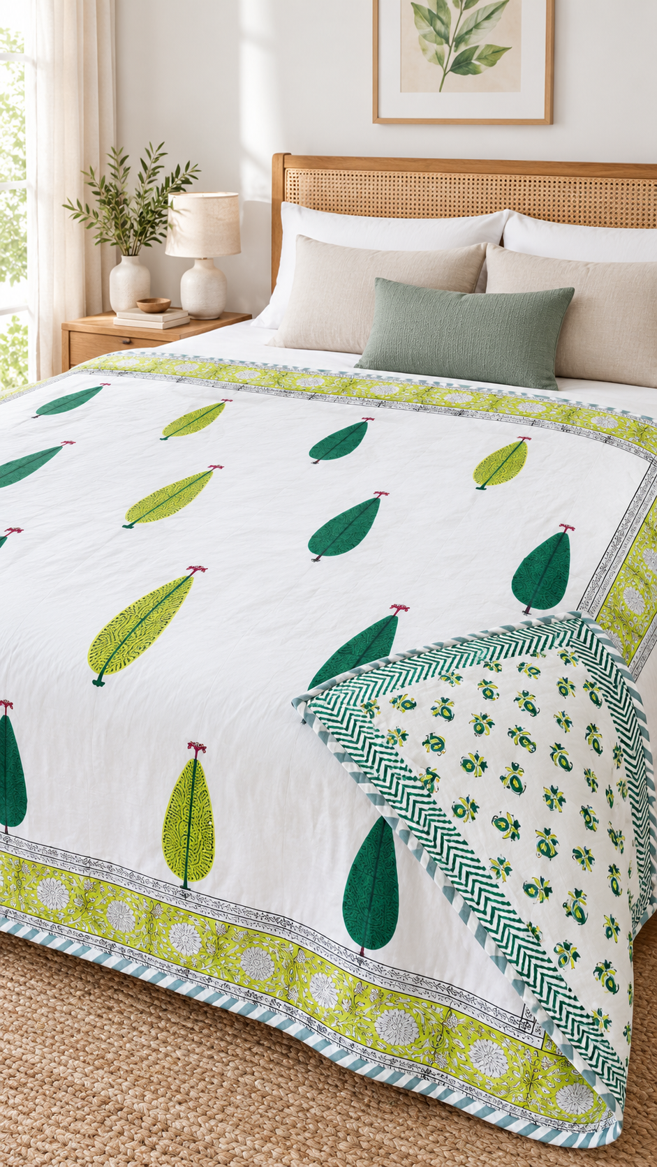 Natural Fab Cotton Double Bed Dohar with Green Leaf Print and Decorative Border, Lightweight Bedding, 90 × 108 Inches