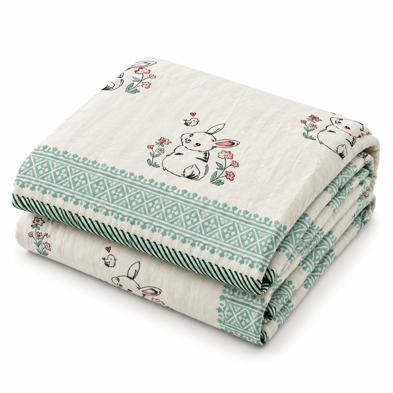Natural Fab 3-Layer Cotton Single Bed Dohar, Original Hand Block Printed Rabbit & Floral Design with Aqua Geometric Border, 60 × 90 Inches